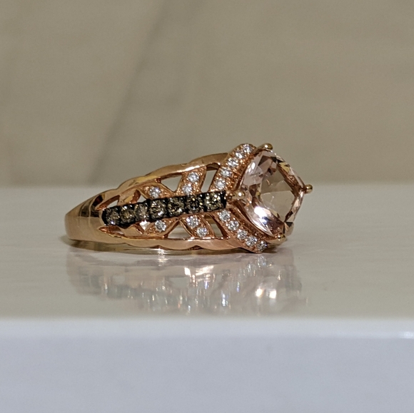 Le Vian ring with center cushion cut peach morganite gemstone 14krg. - Picture 7 of 10
